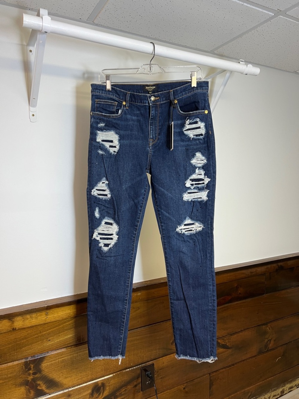 NWT Juicy Couture Distressed Dark Blue Skinny Jeans w/ Black Rhinestones- 10